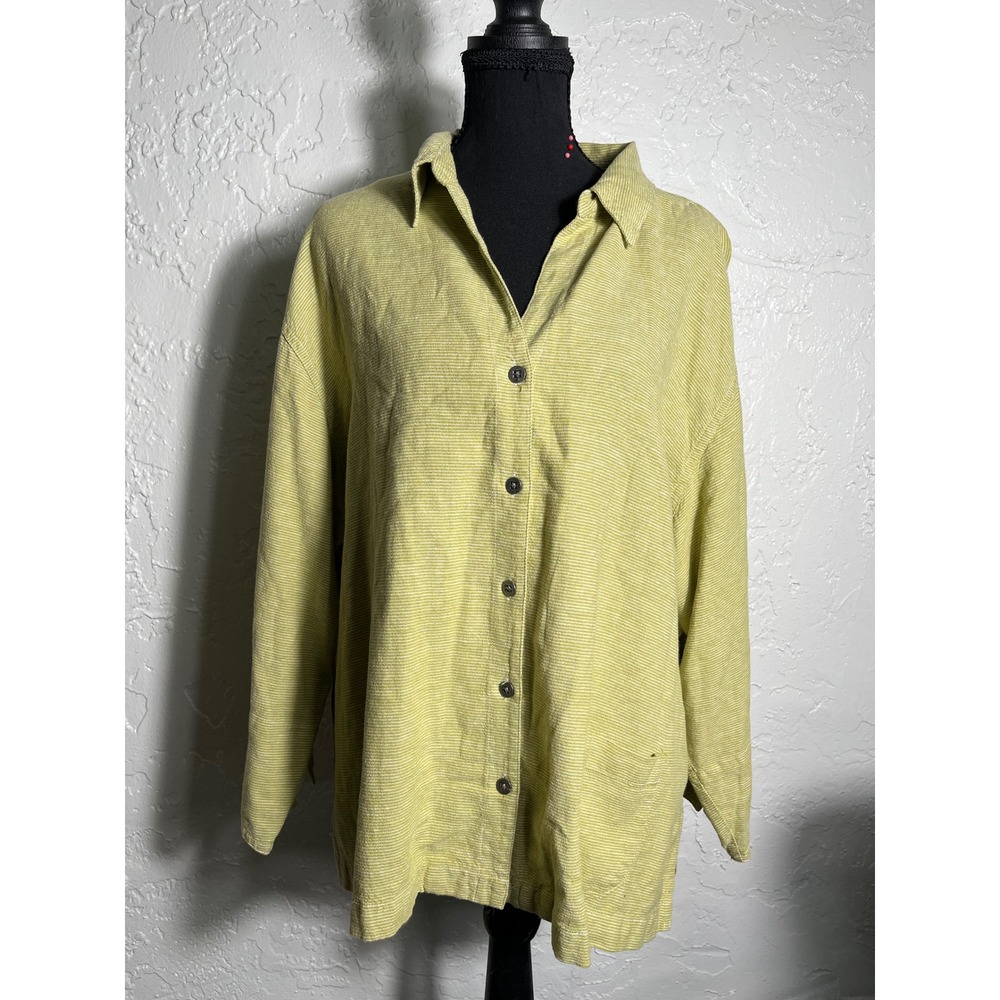 Chico's Green Striped Linen Blend Oversized Button Down Shirt Size 3 XL